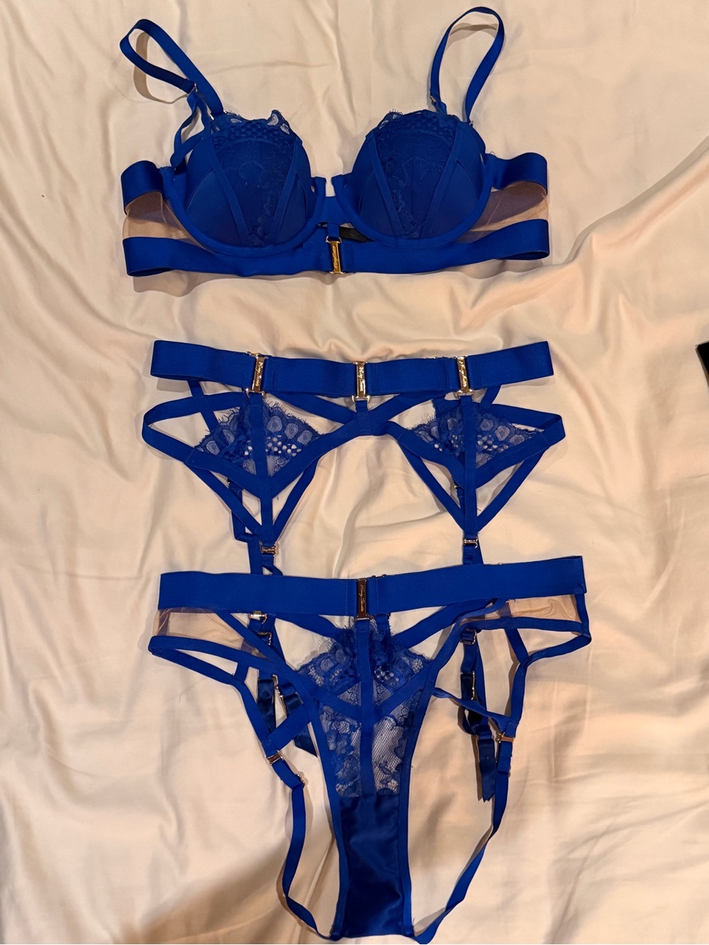 Honey Birdette Electric Blue Lace Strappy Bra & Garter Set